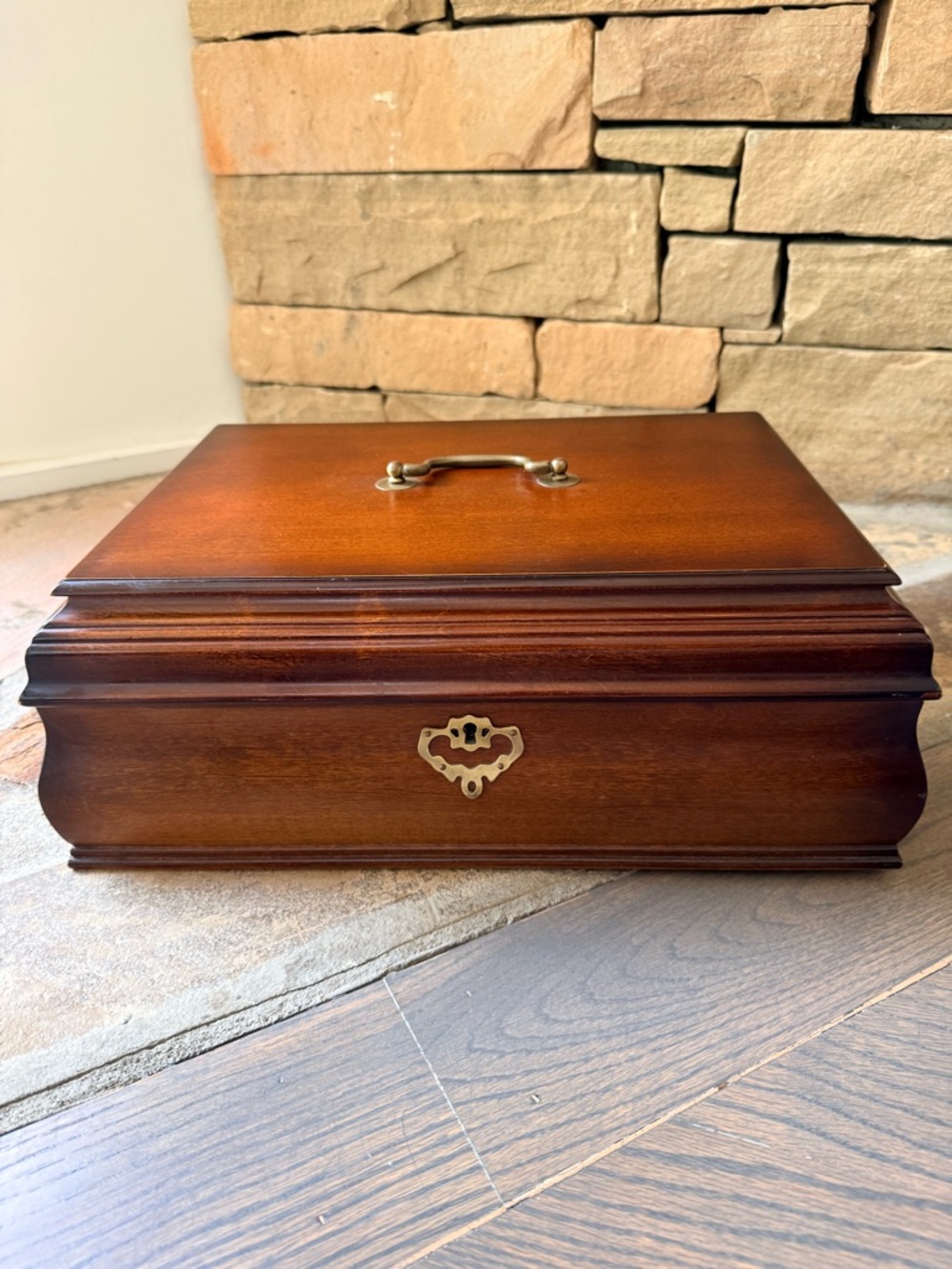 VTG 90s Bombay Company Cherry Wood Jewelry Box with Brass Accents, 2 Layers